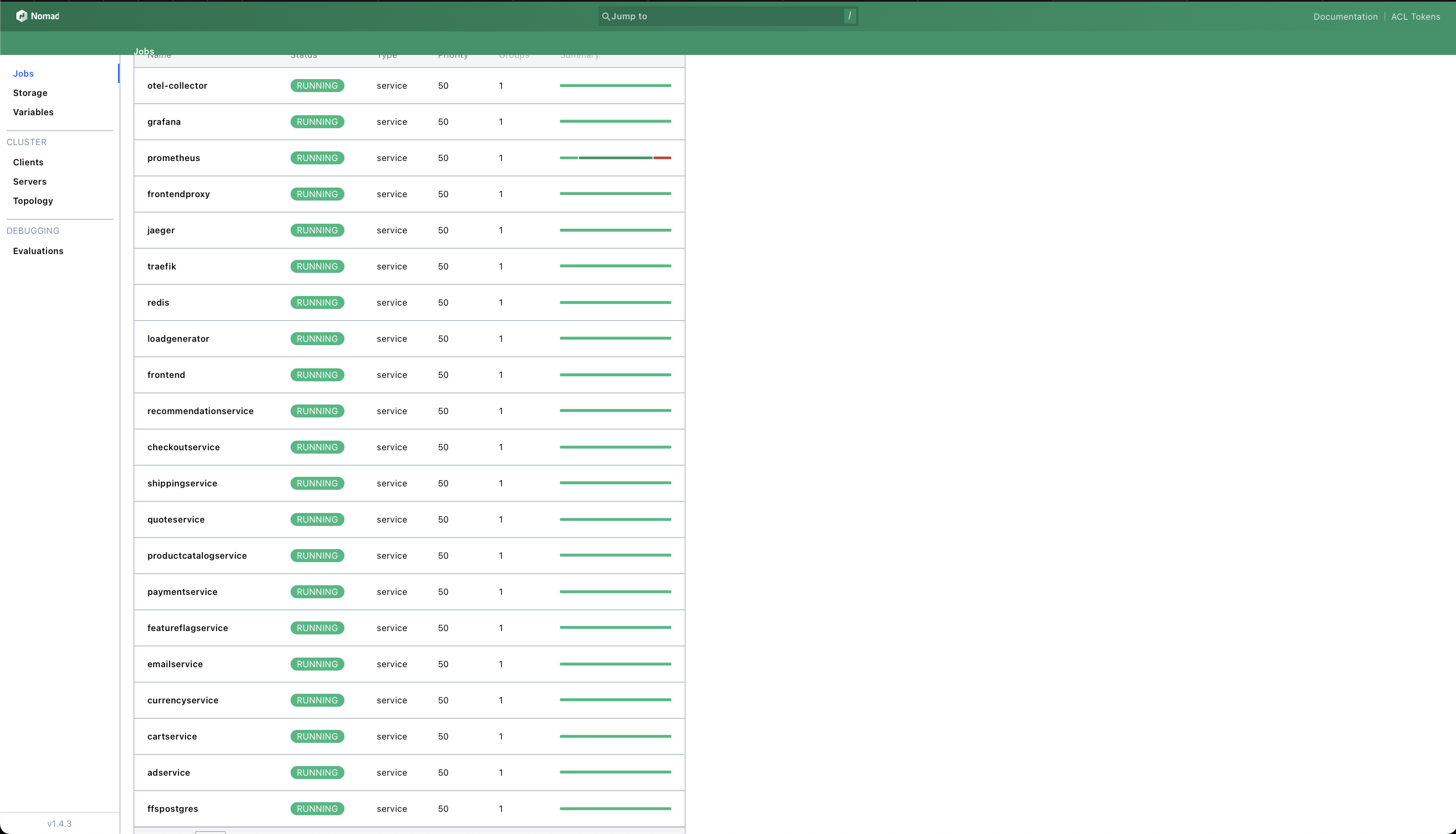 Screen capture of jobs view in Nomad, with all jobs started