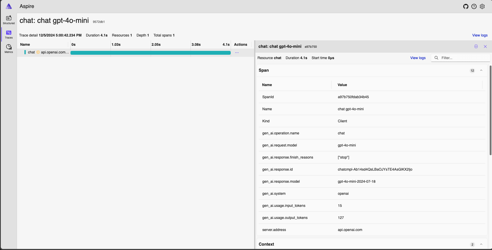 Chat trace in Aspire Dashboard